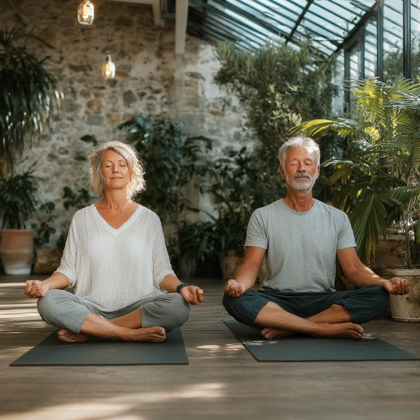 Възрастна жена практикува йога